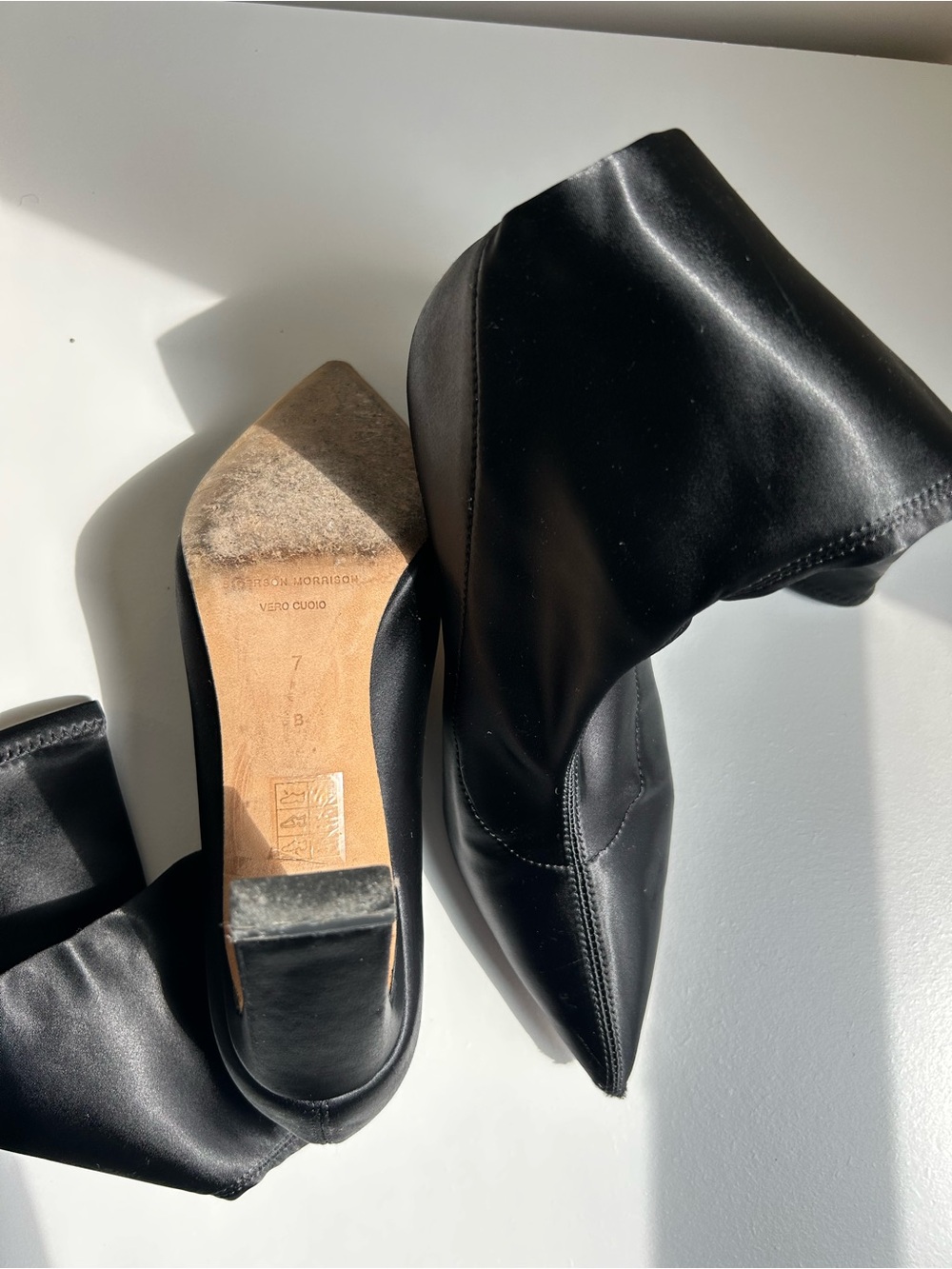 Sigerson Morrison Black Satin Draped Pointed-Toe Boots Size 7 - Picture 6 of 8